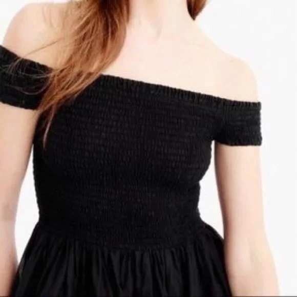 J.Crew Black Smocked Cotton Midi Dress Wide Strap Summer Size M - Picture 7 of 8